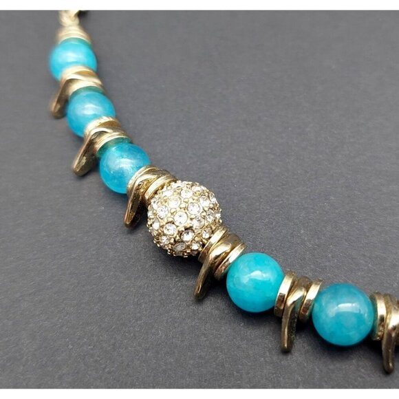 NWT Sequin Gold Tone & Blue Bead Collar Necklace Asymmetrical Paved Pendant 18" - Picture 9 of 10